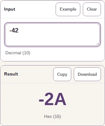 From Decimal (10) to Hex (16): the input -42 gives the result -2A.
