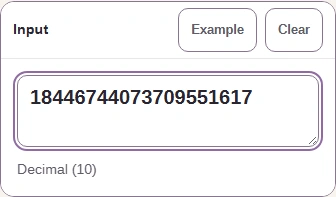 Example has filled Input with the 20-digit decimal number 18446744073709551617.