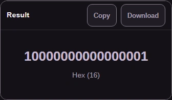 The Result pane shows 10000000000000001, labeled Hex (16).
