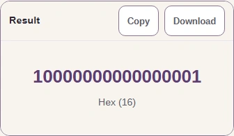 The Result pane shows 10000000000000001, labeled Hex (16).