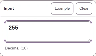 The Input pane holds 255, labeled Decimal (10).