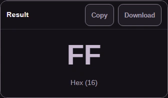 The Result pane shows FF, labeled Hex (16), with Copy and Download buttons.