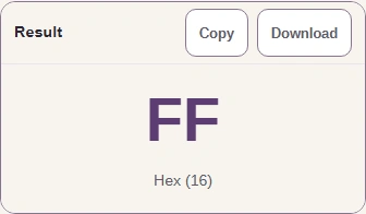 The Result pane shows FF, labeled Hex (16), with Copy and Download buttons.