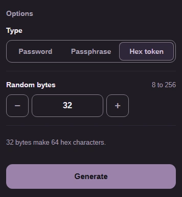 FluffyBench password generator options: Type set to Hex token and Random bytes 32.