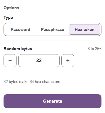 FluffyBench password generator options: Type set to Hex token and Random bytes 32.