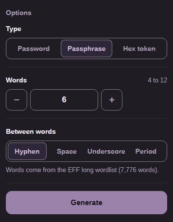 FluffyBench password generator options: Type set to Passphrase, Words 6, and Hyphen chosen between words.