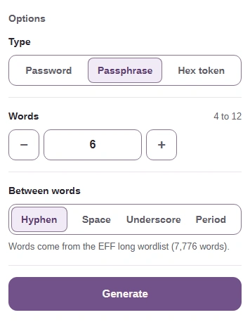 FluffyBench password generator options: Type set to Passphrase, Words 6, and Hyphen chosen between words.