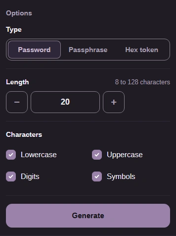 FluffyBench password generator options: Type set to Password, Length 20, and all four character groups ticked.