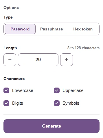 FluffyBench password generator options: Type set to Password, Length 20, and all four character groups ticked.