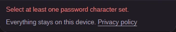 Status message: Select at least one password character set.