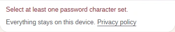 Status message: Select at least one password character set.
