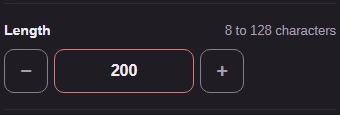 Length set to 200, beside the range 8 to 128 characters.