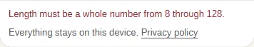 Status message: Length must be a whole number from 8 through 128.