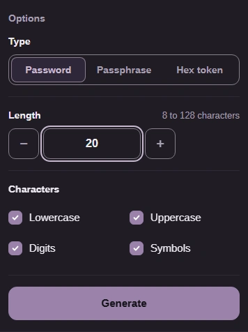 FluffyBench Secure random generator with Password, Length 20, and all four character groups selected.