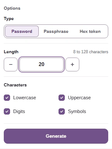FluffyBench Secure random generator with Password, Length 20, and all four character groups selected.