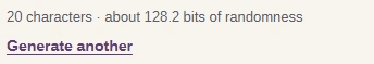 Readout under the generated password: 20 characters and about 128.2 bits of randomness.