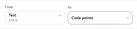 FluffyBench Unicode inspector: From Text, To Code points.