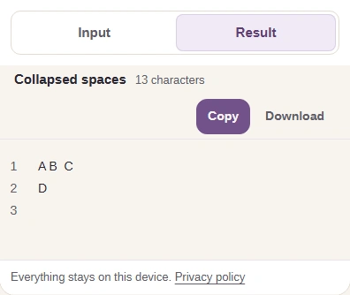 Collapsed spaces result with Input and Result tabs and the Copy button.