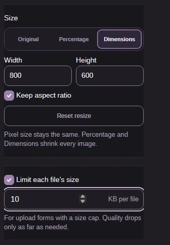 Size set to Dimensions, Width 800, Height 600, Keep aspect ratio checked, and Limit each file’s size enabled at 10 KB per file.