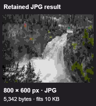 Retained JPG result illustration: waterfall photo, 800 × 600 pixels, 5,342 bytes.