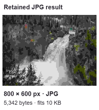 Retained JPG result illustration: waterfall photo, 800 × 600 pixels, 5,342 bytes.