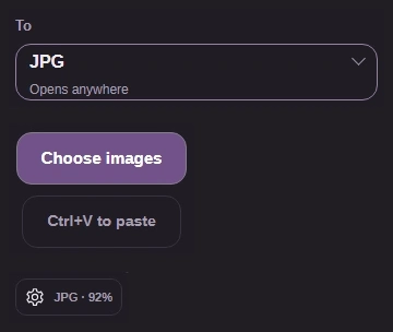 Real To menu set to JPG, Choose images button, and Settings gear.