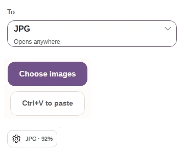 Real To menu set to JPG, Choose images button, and Settings gear.
