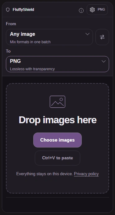 PNG converter with Choose images, PNG output and Settings.
