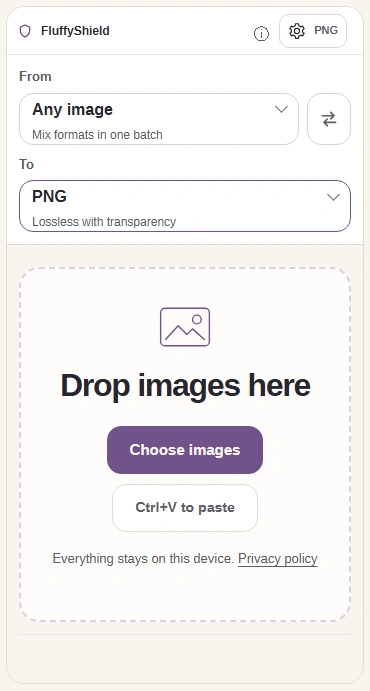 PNG converter with Choose images, PNG output and Settings.