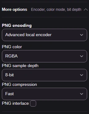 More options with Advanced local encoder, RGBA, 8-bit, Fast and interlace off.