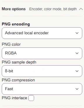 More options with Advanced local encoder, RGBA, 8-bit, Fast and interlace off.
