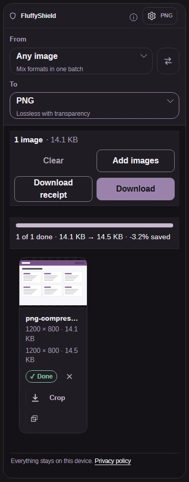 Completed Fast PNG, file size, Download and Settings.