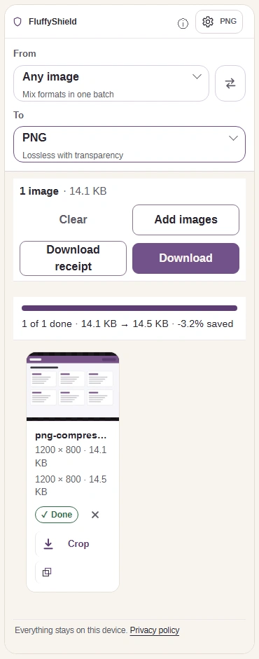 Completed Fast PNG, file size, Download and Settings.
