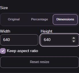 Set Width and Height as bounds, with Keep aspect ratio checked. Close Settings with the PNG gear button.