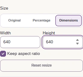 Set Width and Height as bounds, with Keep aspect ratio checked. Close Settings with the PNG gear button.