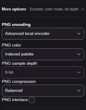 More options with Advanced local encoder and Indexed palette selected.