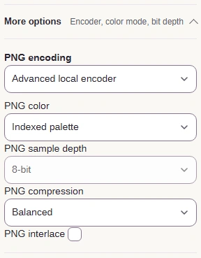 More options panel with PNG encoding, color, sample depth, compression and interlace controls.