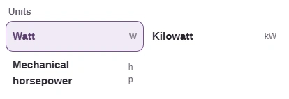 The From list offers Watt, Kilowatt and Mechanical horsepower.