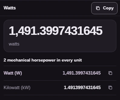 The result is 1,491.3997431645 watts with Copy above it; the list below shows the same power in kilowatts.