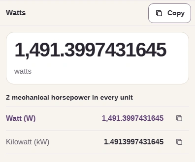 The result is 1,491.3997431645 watts with Copy above it; the list below shows the same power in kilowatts.