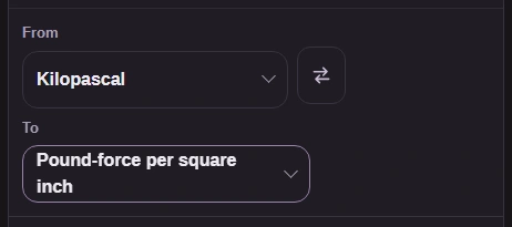 FluffyBench's Pressure Converter opens with From Kilopascal and To Pound-force per square inch, with the swap arrows beside From.