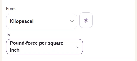 FluffyBench's Pressure Converter opens with From Kilopascal and To Pound-force per square inch, with the swap arrows beside From.