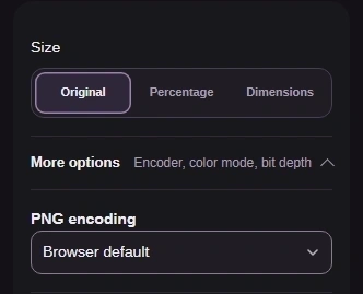 Keep Size at Original to preserve pixel dimensions. Open More options and leave PNG encoding on Browser default.