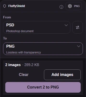 Press Settings again to close it, then Convert. FluffyBench processes the saved picture in your browser.