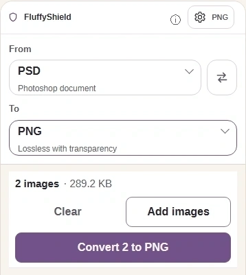 Press Settings again to close it, then Convert. FluffyBench processes the saved picture in your browser.