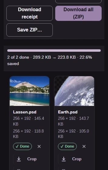 The completed rows show output dimensions and size. Download saves one copy; Download all (ZIP) saves the batch.