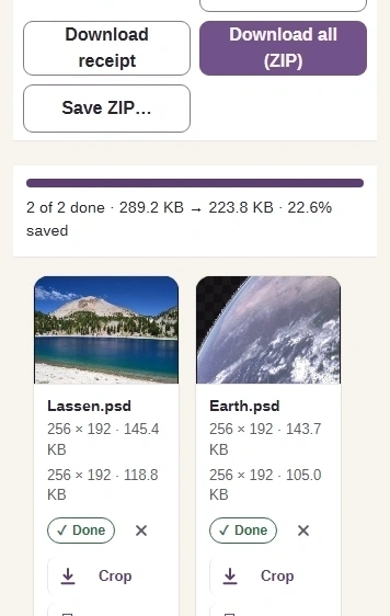 The completed rows show output dimensions and size. Download saves one copy; Download all (ZIP) saves the batch.