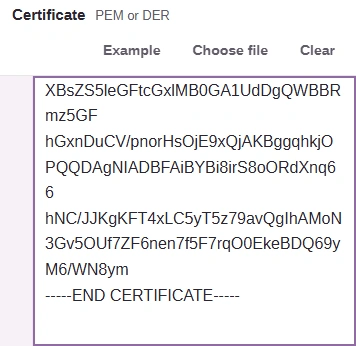 Public sample certificate in the input editor, with Example and Choose file controls.