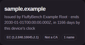 Decoded certificate summary names sample.example and FluffyBench Example Root.