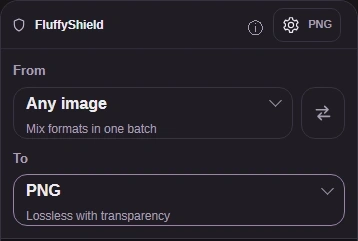 In FluffyBench's PNG converter, confirm To is PNG and open Settings.